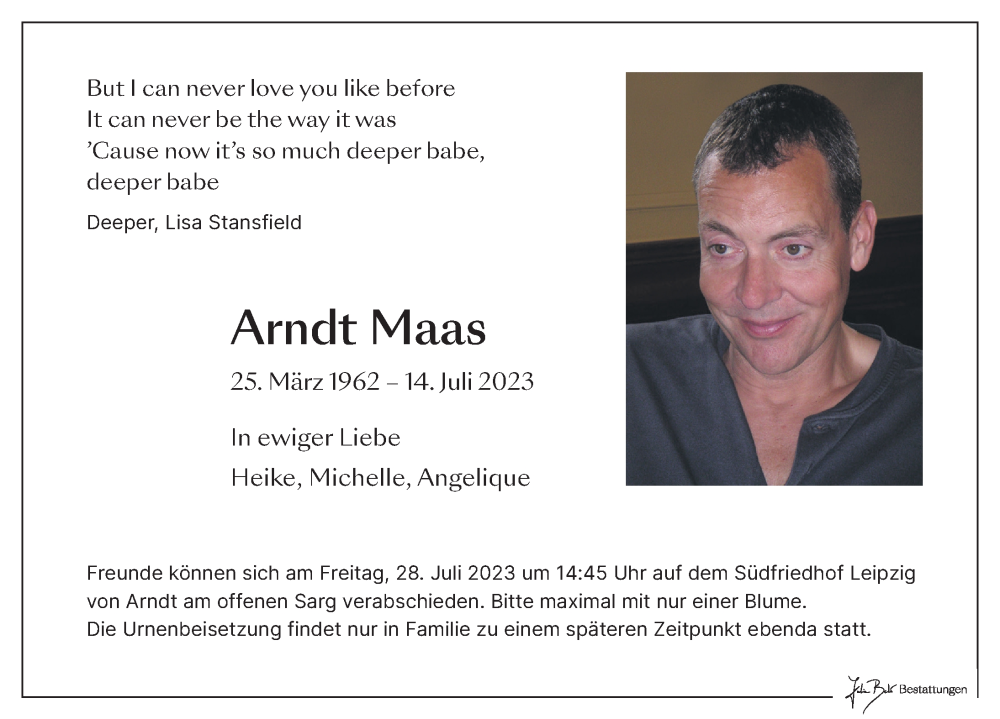  Traueranzeige für Arndt Maas vom 22.07.2023 aus Leipziger Volkszeitung
