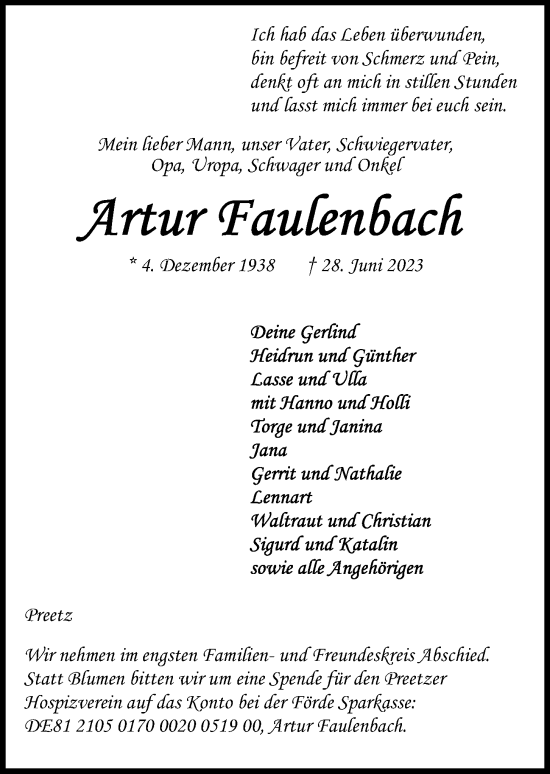 Traueranzeige von Artur Faulenbach von Kieler Nachrichten