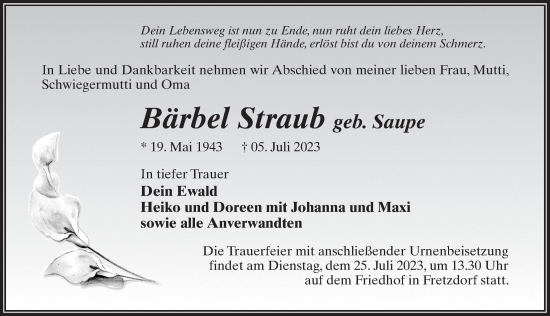 Traueranzeige von Bärbel Straub