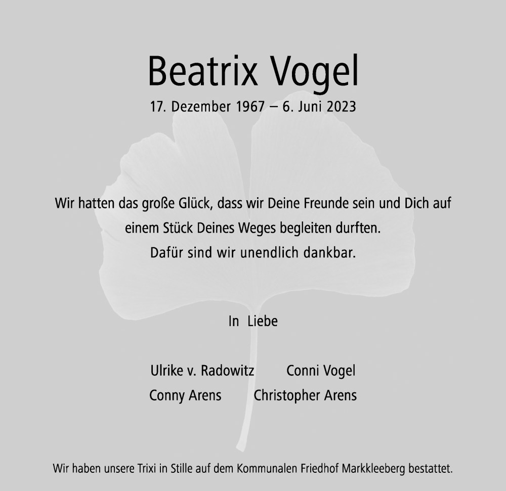  Traueranzeige für Beatrix Vogel vom 01.07.2023 aus Leipziger Volkszeitung