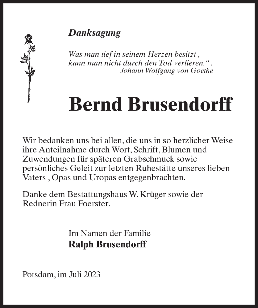  Traueranzeige für Bernd Brusendorff vom 22.07.2023 aus Märkischen Allgemeine Zeitung
