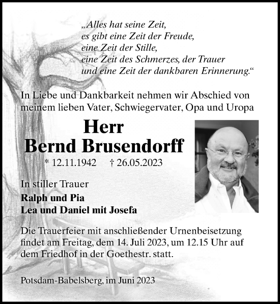 Traueranzeige von Bernd Brusendorff von Märkischen Allgemeine Zeitung