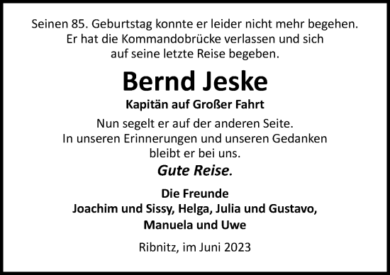 Traueranzeige von Bernd Jeske von Ostsee-Zeitung GmbH