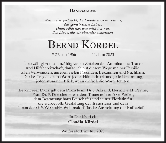 Traueranzeige von Bernd Kördel