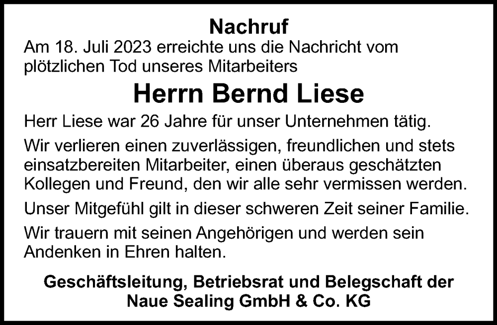  Traueranzeige für Bernd Liese vom 29.07.2023 aus Schaumburger Nachrichten