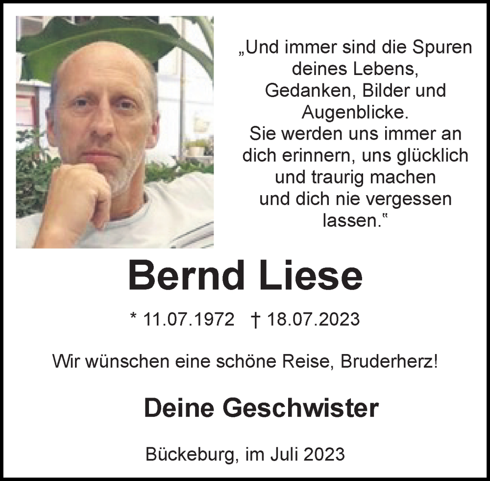  Traueranzeige für Bernd Liese vom 29.07.2023 aus Schaumburger Nachrichten