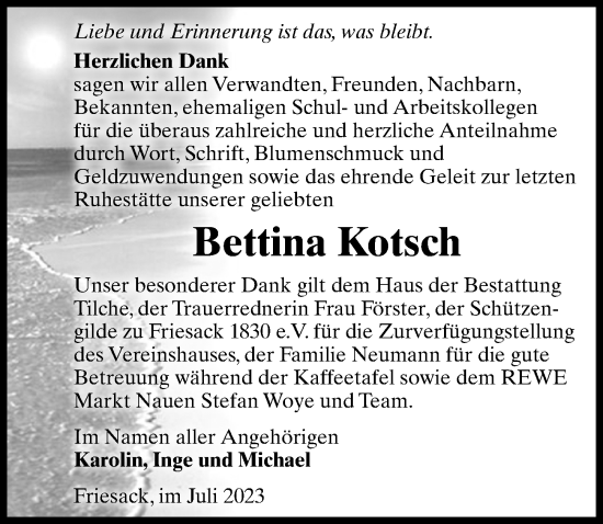 Traueranzeige von Bettina Kotsch von Märkischen Allgemeine Zeitung