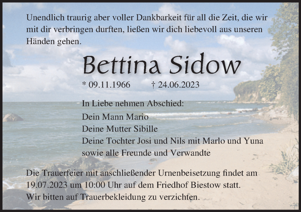  Traueranzeige für Bettina Sidow vom 01.07.2023 aus Ostsee-Zeitung GmbH