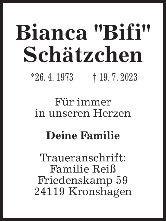 Traueranzeigen Von Bianca Schätzchen Trauer Anzeigende 