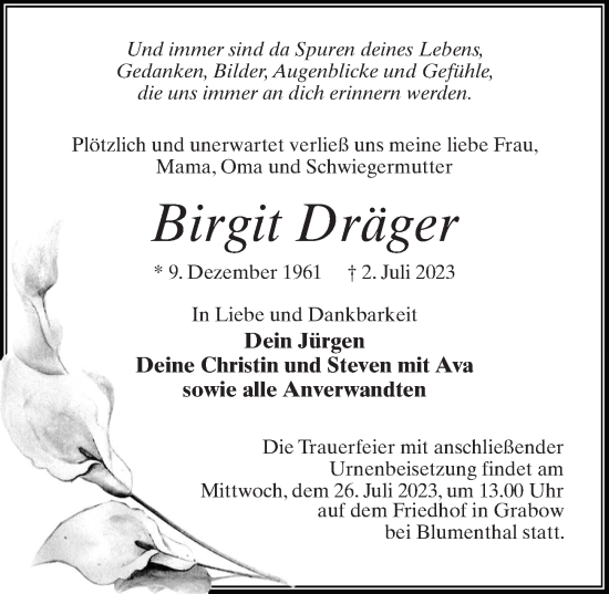 Traueranzeige von Birgit Dräger von Märkischen Allgemeine Zeitung