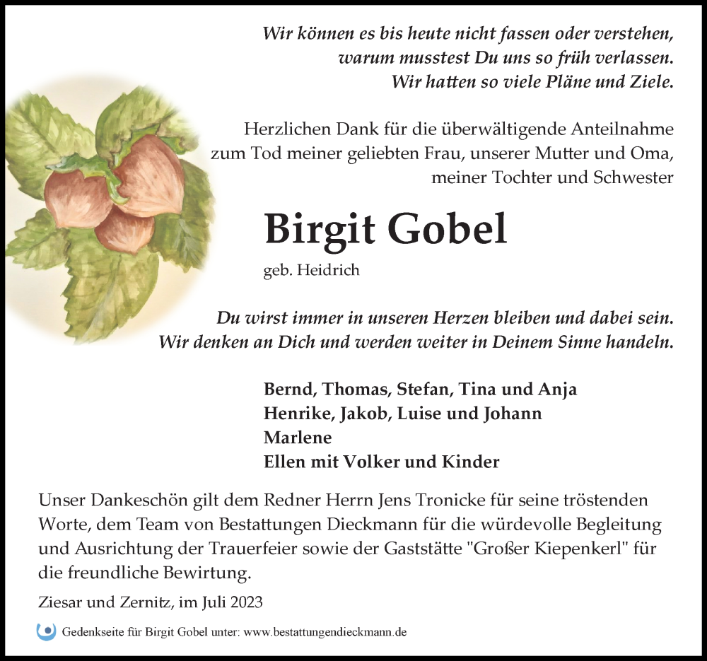  Traueranzeige für Birgit Gobel vom 15.07.2023 aus Wochenspiegel