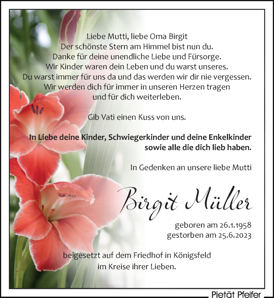  Traueranzeige für Birgit Müller vom 29.07.2023 aus Leipziger Volkszeitung