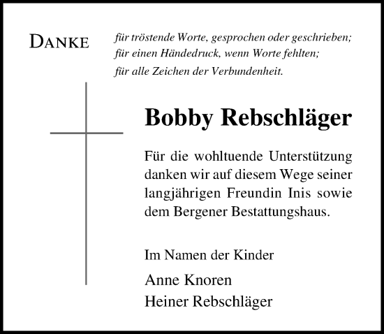 Traueranzeige von Bobby Rebschläger von Ostsee-Zeitung GmbH