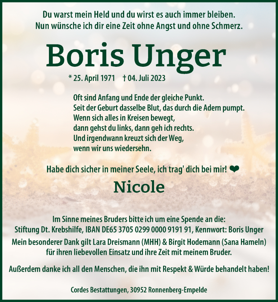  Traueranzeige für Boris Unger vom 15.07.2023 aus Hannoversche Allgemeine Zeitung/Neue Presse