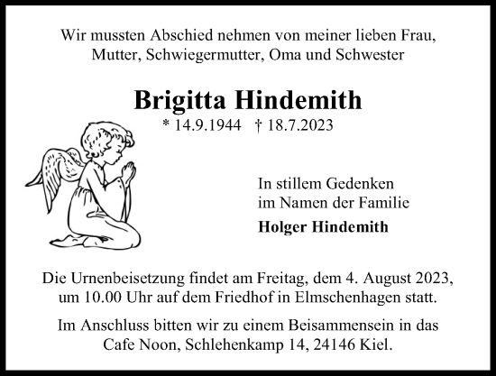 Traueranzeige von Brigitta Hindemith von Kieler Nachrichten