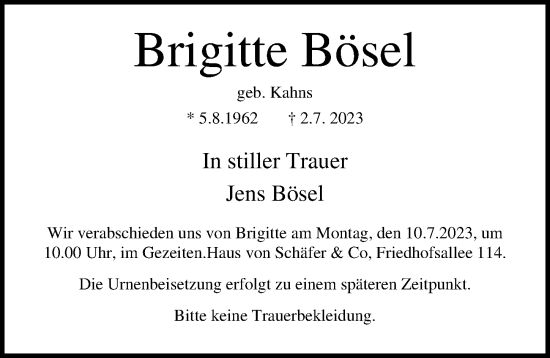 Traueranzeige von Brigitte Bösel von Lübecker Nachrichten