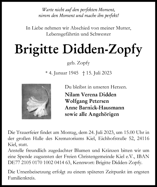 Traueranzeige von Brigitte Didden-Zopfy von Kieler Nachrichten