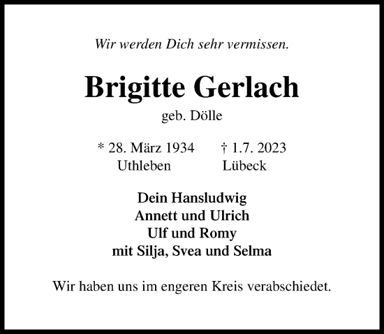 Traueranzeige von Brigitte Gerlach von Lübecker Nachrichten