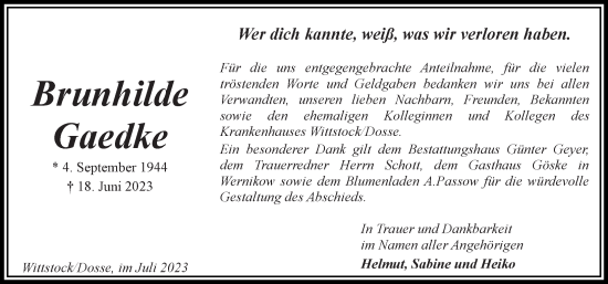 Traueranzeige von Brunhilde Gaedke von Märkischen Allgemeine Zeitung