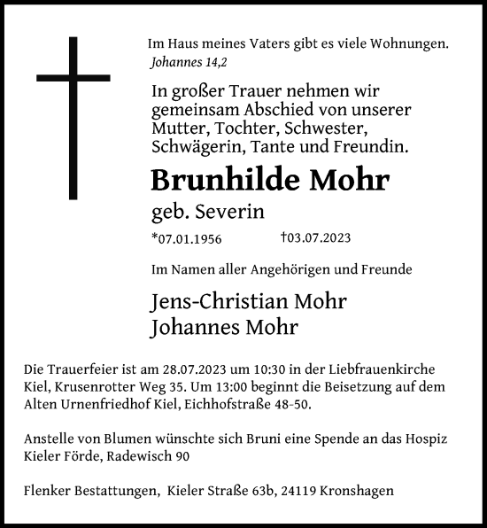 Traueranzeige von Brunhilde Mohr von Kieler Nachrichten