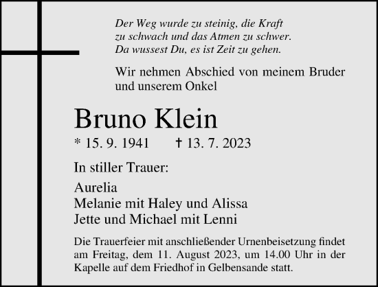 Traueranzeige von Bruno Klein von Ostsee-Zeitung GmbH