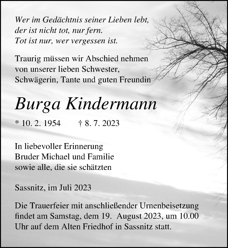  Traueranzeige für Burga Kindermann vom 15.07.2023 aus Ostsee-Zeitung GmbH