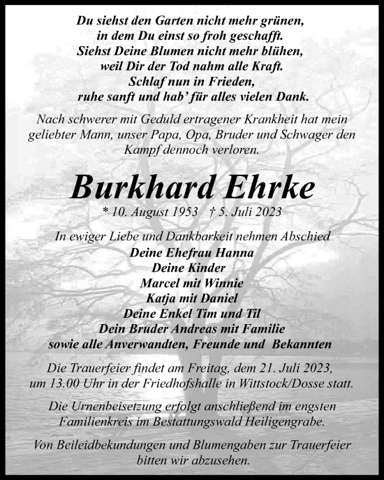 Traueranzeige von Burkhard Ehrke von Märkischen Allgemeine Zeitung