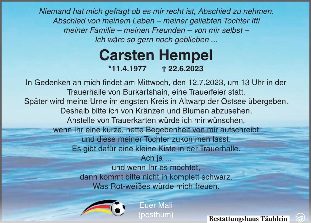  Traueranzeige für Carsten Hempel vom 01.07.2023 aus Leipziger Volkszeitung