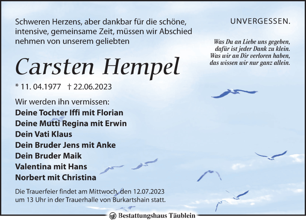  Traueranzeige für Carsten Hempel vom 01.07.2023 aus Leipziger Volkszeitung