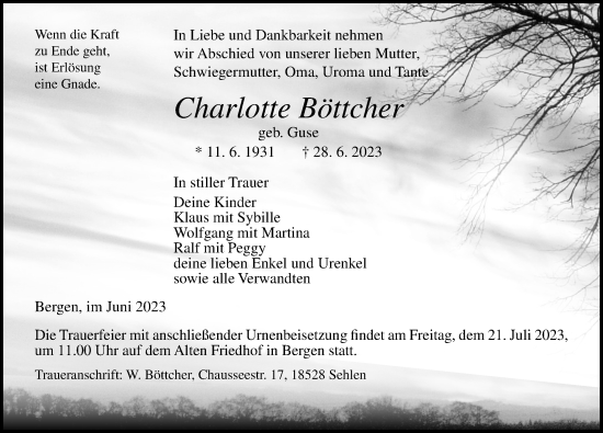 Traueranzeige von Charlotte Böttcher von Ostsee-Zeitung GmbH