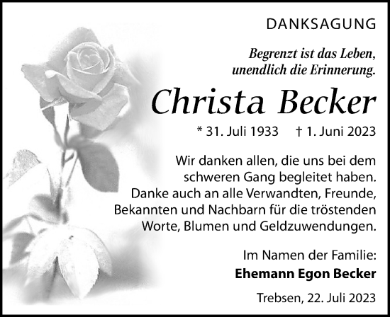 Traueranzeige von Christa Becker von Leipziger Volkszeitung