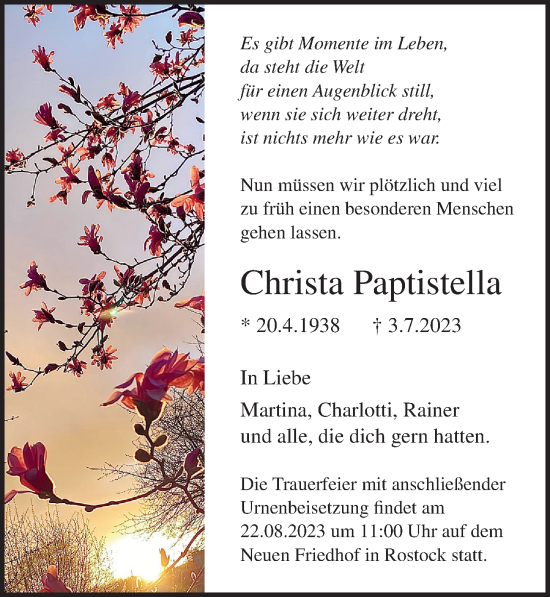 Traueranzeige von Christa Paptistella von Ostsee-Zeitung GmbH