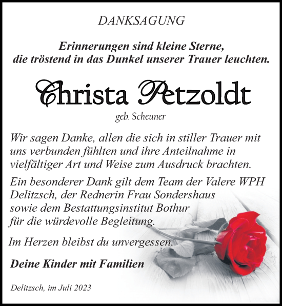 Traueranzeige von Christa Petzoldt von Leipziger Volkszeitung