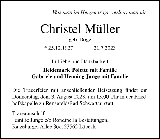 Traueranzeige von Christel Müller von Lübecker Nachrichten
