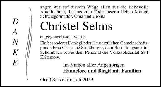 Traueranzeige von Christel Selms von Ostsee-Zeitung GmbH