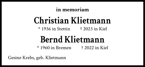 Traueranzeige von Christian Klietmann von Kieler Nachrichten