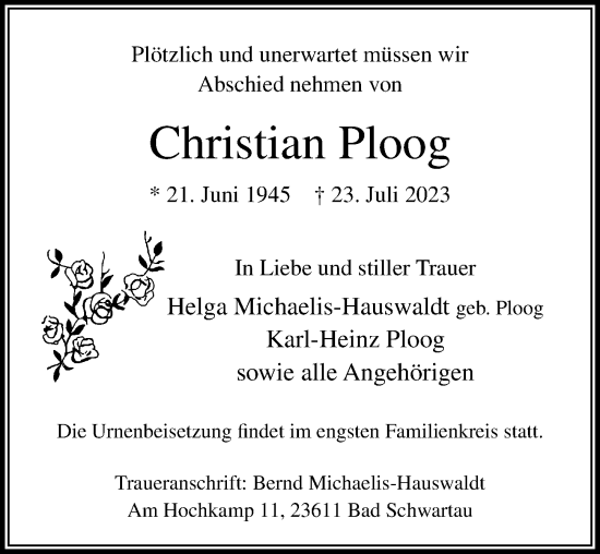 Traueranzeige von Christian Ploog von Lübecker Nachrichten