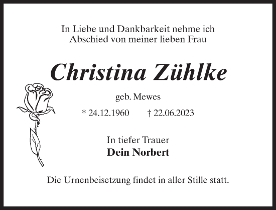 Traueranzeige von Christina Zühlke von Märkischen Allgemeine Zeitung