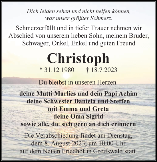 Traueranzeige von Christoph  von Ostsee-Zeitung GmbH