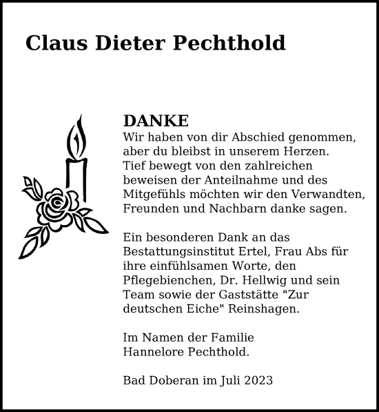 Traueranzeige von Claus Dieter Pechthold von Ostsee-Zeitung GmbH