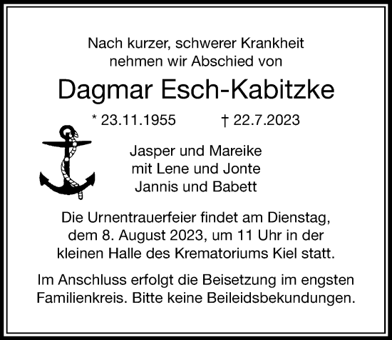 Traueranzeige von Dagmar Esch-Kabitzke von Kieler Nachrichten