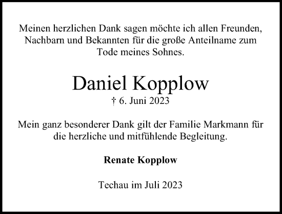 Traueranzeige von Daniel Kopplow von Lübecker Nachrichten