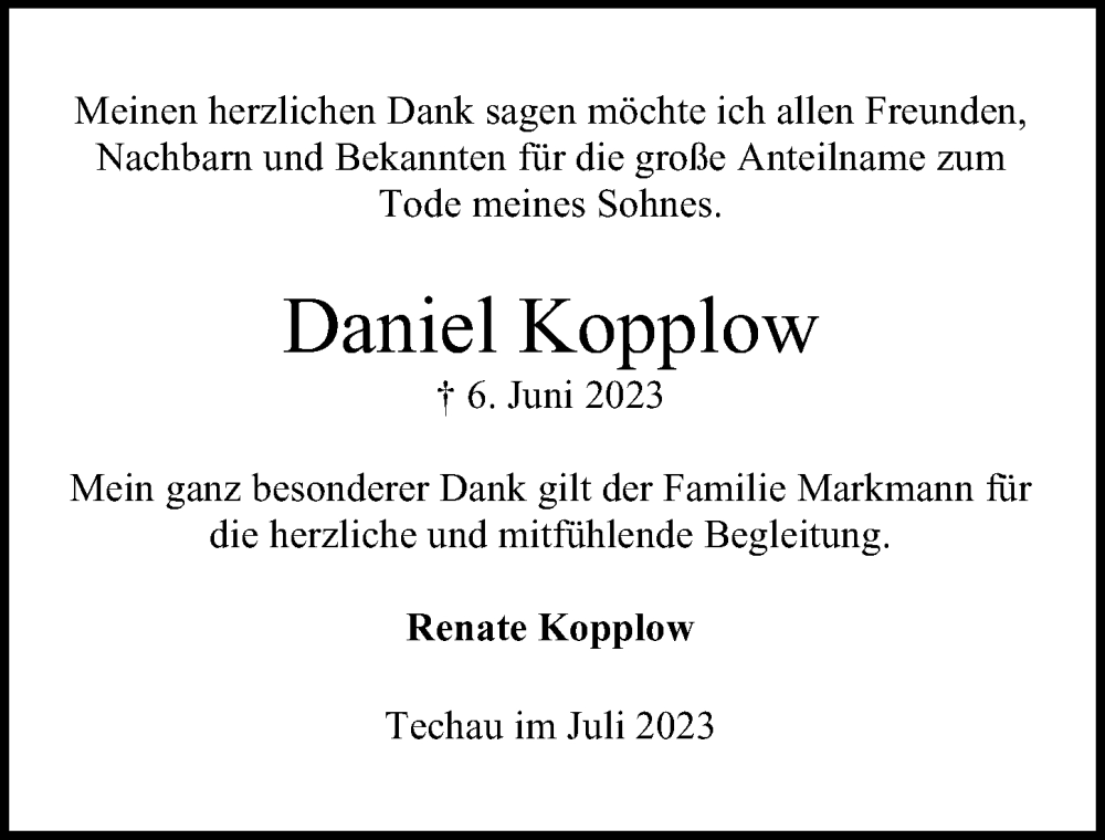  Traueranzeige für Daniel Kopplow vom 02.07.2023 aus Lübecker Nachrichten