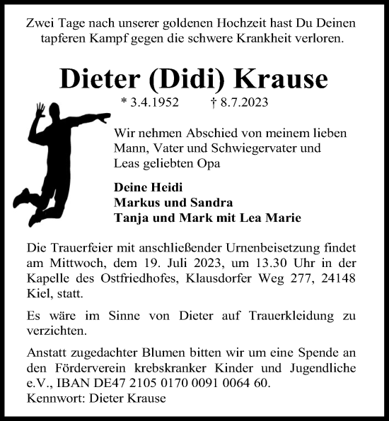 Traueranzeige von Dieter Krause von Kieler Nachrichten