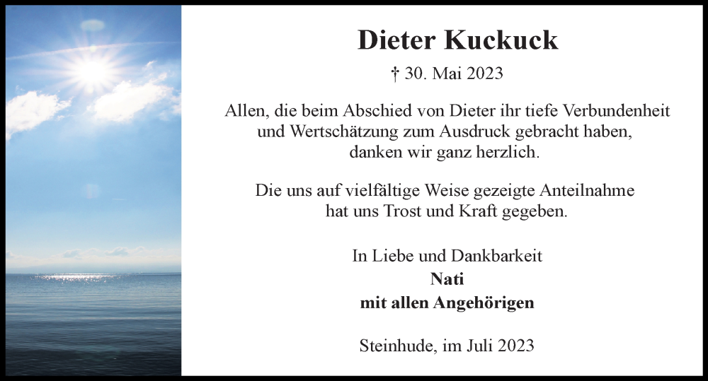  Traueranzeige für Dieter Kuckuck vom 15.07.2023 aus Hannoversche Allgemeine Zeitung/Neue Presse
