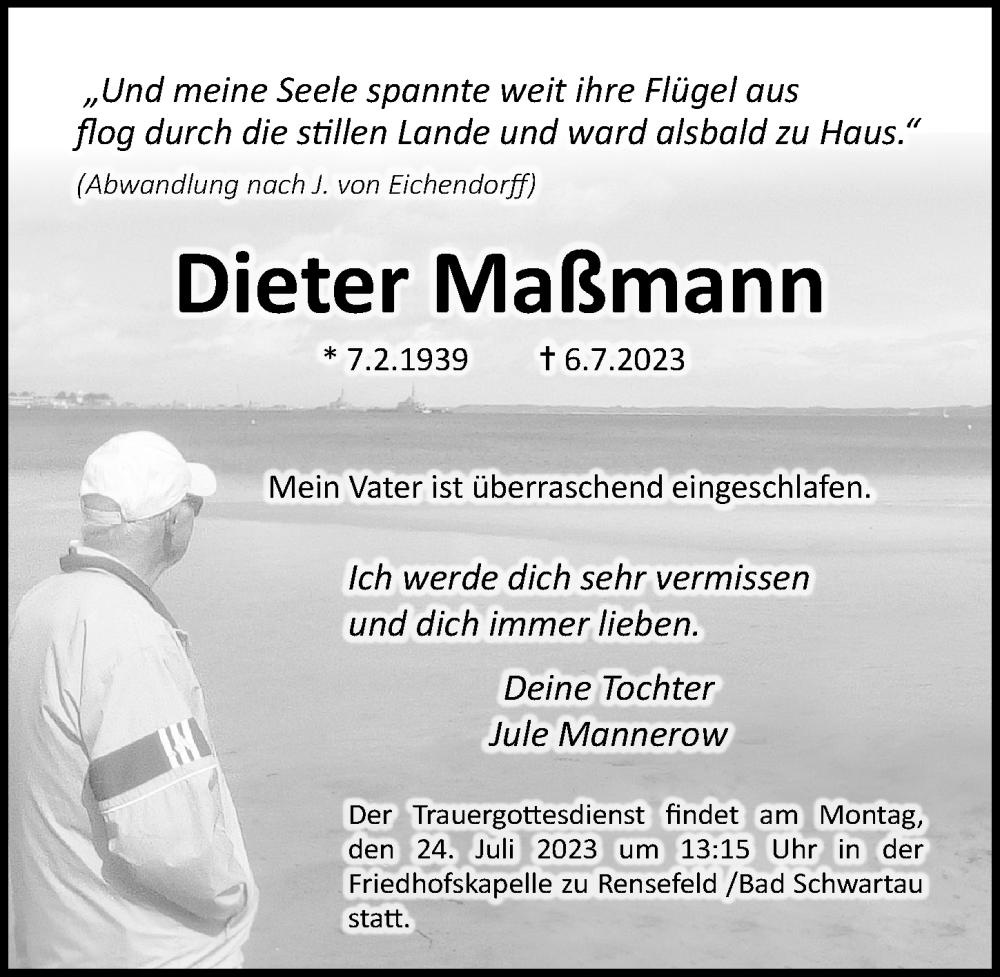  Traueranzeige für Dieter Maßmann vom 16.07.2023 aus Lübecker Nachrichten