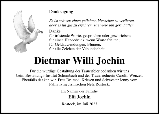 Traueranzeige von Dietmar Willi Jochin von Ostsee-Zeitung GmbH