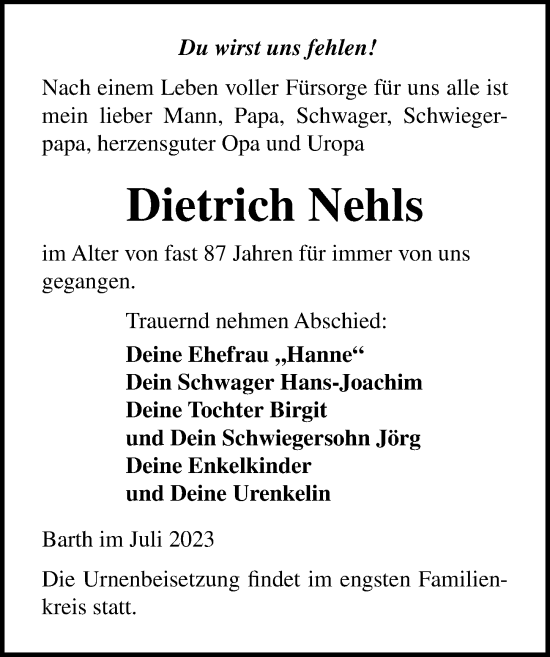 Traueranzeige von Dietrich Nehls von Ostsee-Zeitung GmbH