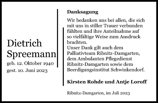 Traueranzeige von Dietrich Spreemann von Ostsee-Zeitung GmbH