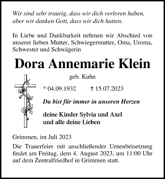 Traueranzeige von Dora Annemarie Klein von Ostsee-Zeitung GmbH